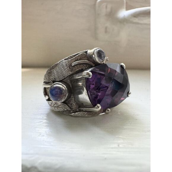 Purple Amethyst Ring Rainbow Moonstone Hand Made Carved Sterling Silver US 8.5 - Picture 9 of 10